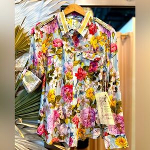 ARATTA Silent Journey  Roman Holiday NWT gold metallic accents Floral Shirt